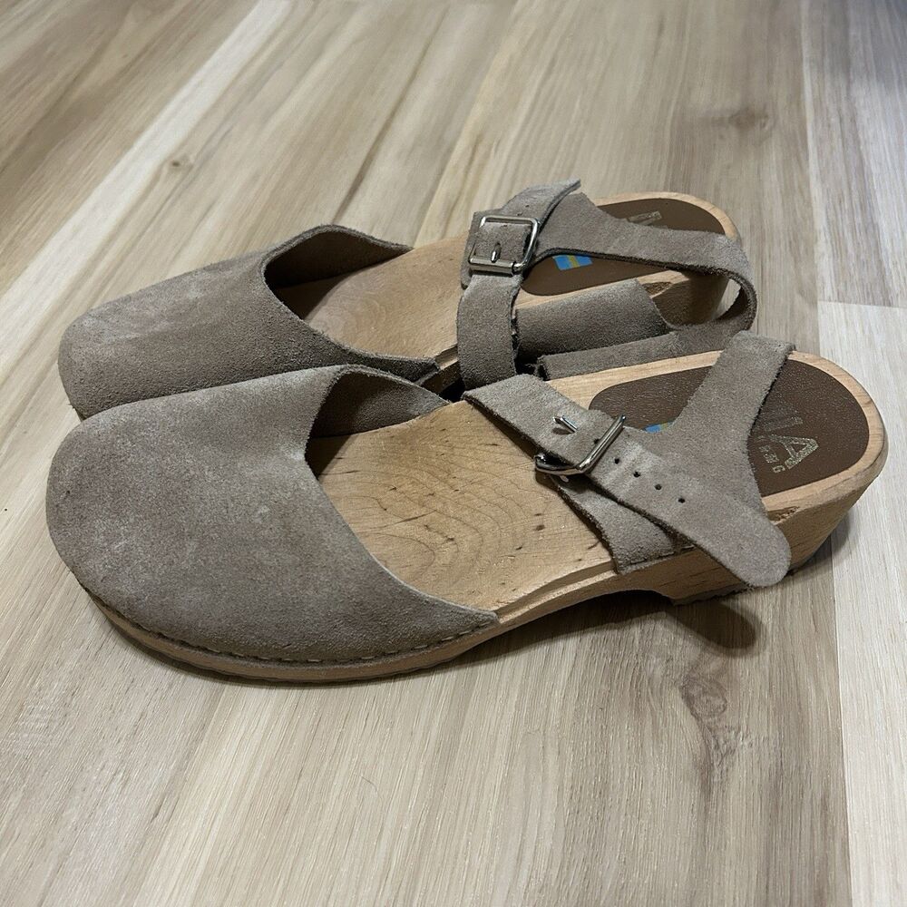 MIA Swedish Wooden Suede Clog Sandals Womens EU 40 US 9 Taupe Brown - Picture 4 of 10
